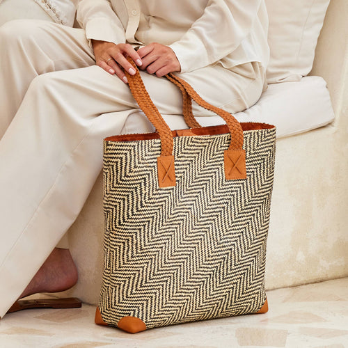 Nico rattan Tote with Brown Leather Trim