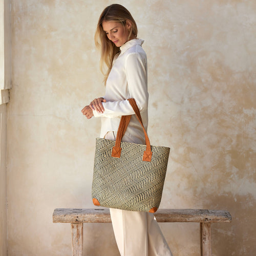 Nico rattan Tote with Brown Leather Trim