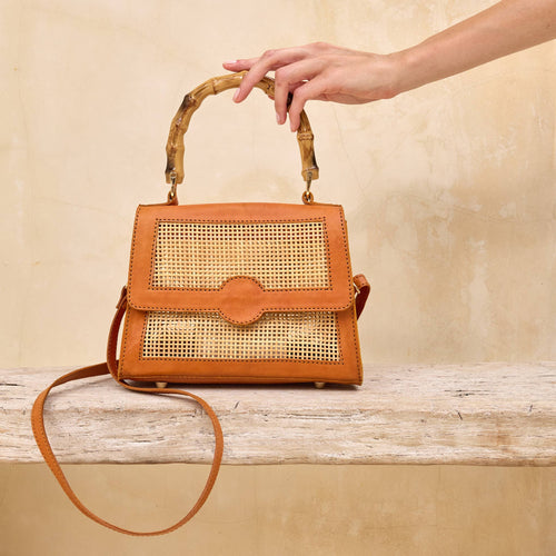 Adella Rattan Handbag with Leather Trim