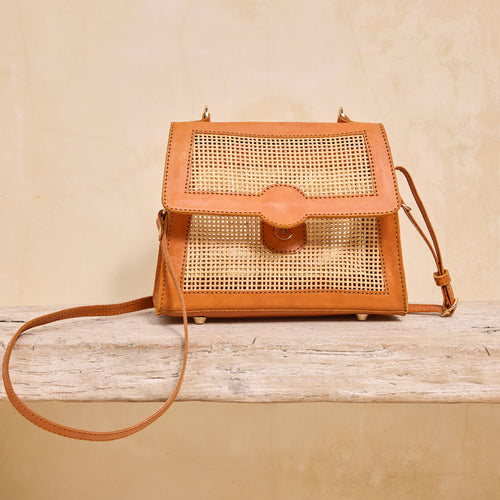 Adella Rattan Handbag with Leather Trim