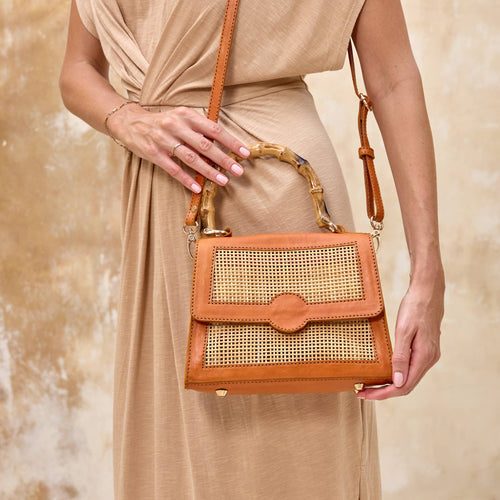 Adella Rattan Handbag with Leather Trim