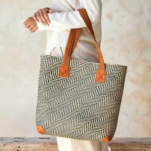 Nico rattan Tote with Brown Leather Trim